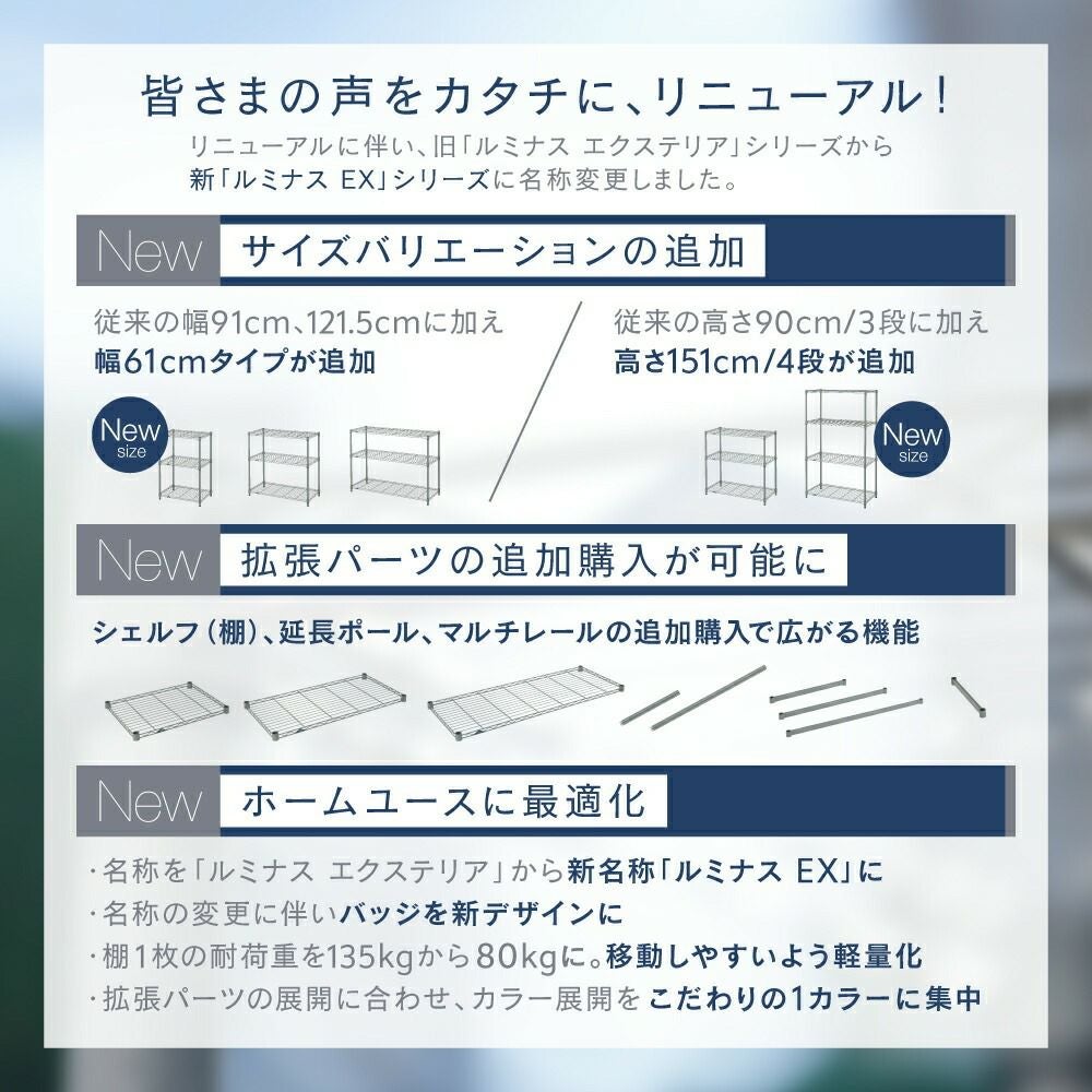 スチールラック 幅90cm 4段 幅91.5×奥行46×高さ151cm ルミナスEX