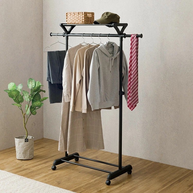 ハンガーラック 幅80cm 棚付き シングル ブラック 幅81～123×奥行44.5